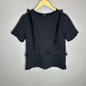 English factory fringe black shirt sleeve blouse